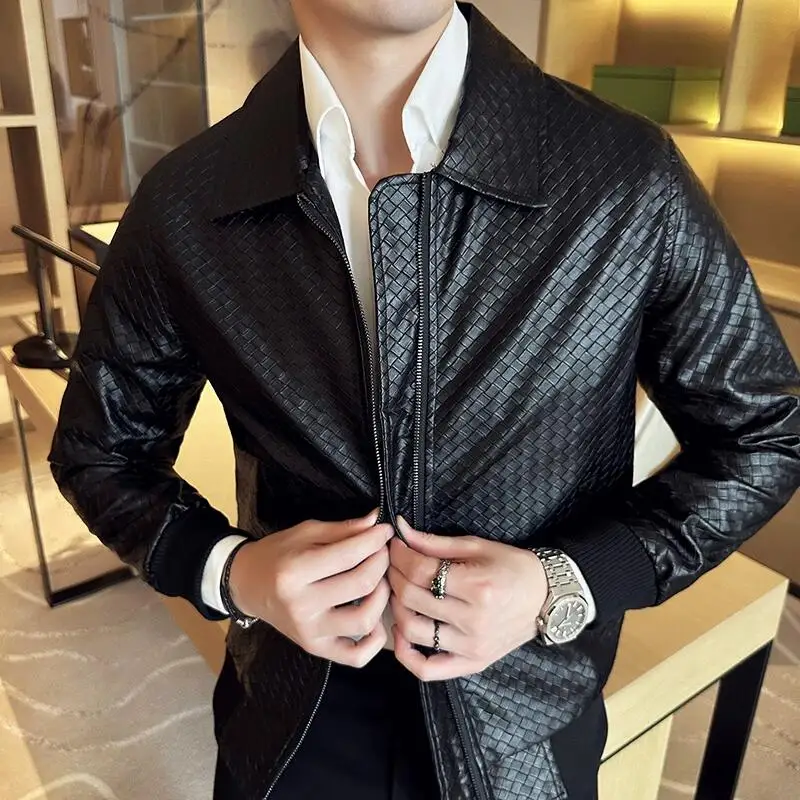 2023 Autumn Winter Men High Quality Woven Leather Jacket Fashion Lapel Business Casual Motorcycle Jacket Brand Social Overcoat 5