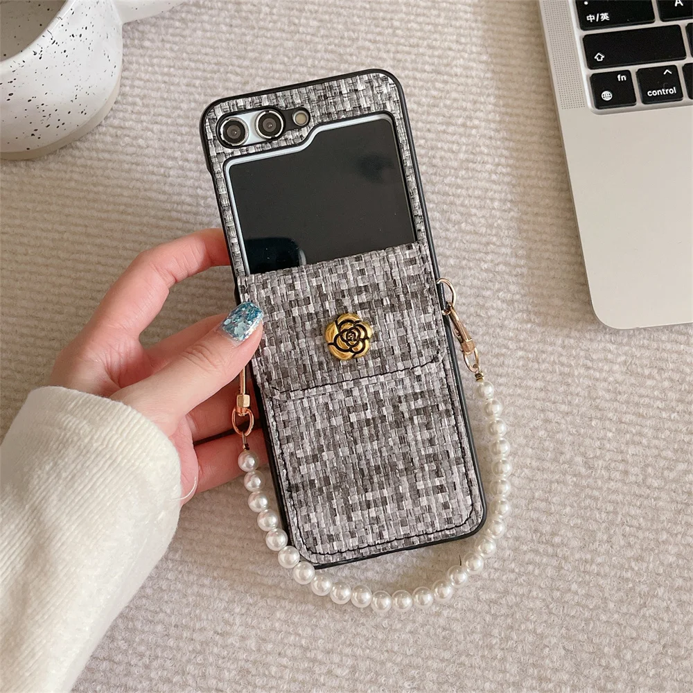 Luxury Woven Texture PU Leather Card Holder Wrist Strap Phone Case