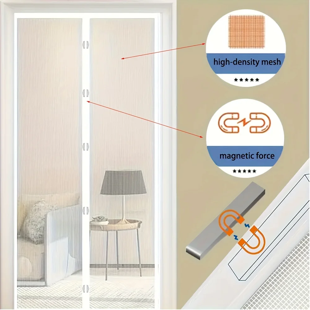 Magnetic Mesh Screen Door Curtain-Summer Mosquito and Insect Proof, Easy Install No-Drill Design for Living Room, Kitchen