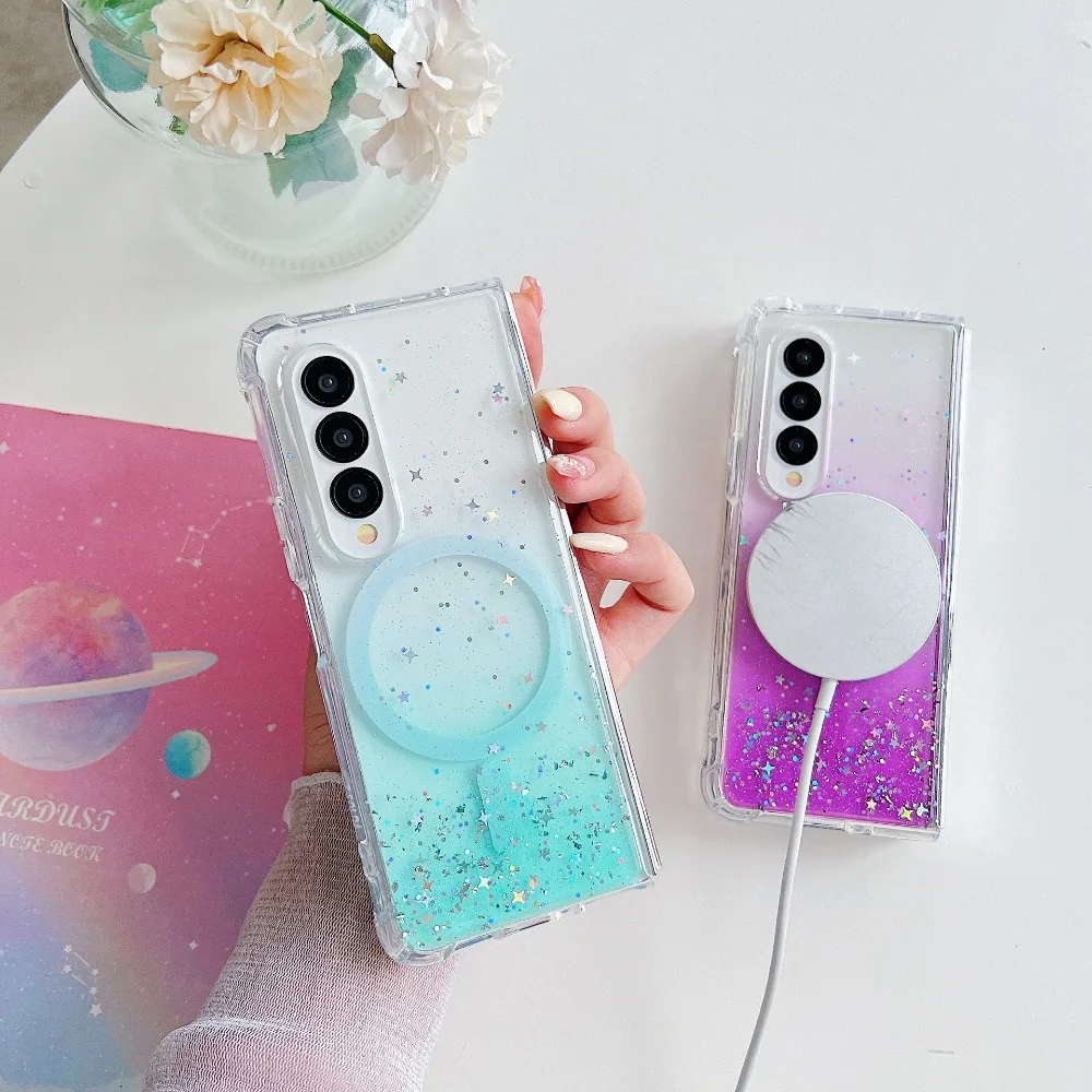 Samsung Galaxy Z Fold 5 4 3 Fold5 Hülle Magnetisch fir Magsafe Charge Cover Epoxy Gradual Clear Glitter Shell Anti-Fall_voghion.com
