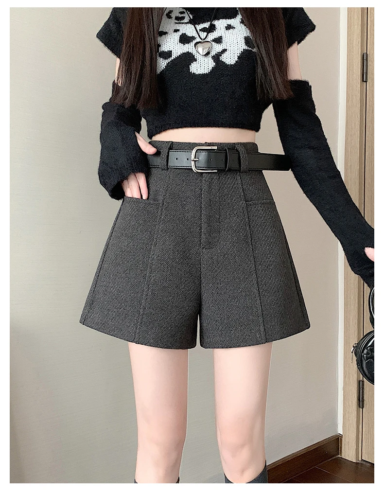 2025 Streetwear Woolen Winter Shorts Frau Casual Lose Breite Bein Kurze Hosen Femme Mit Gürtel Booty Grau Schwarz Cargo-Shorts frauen – Detail 8