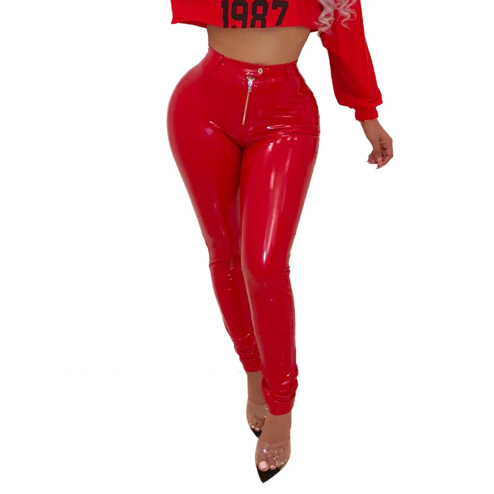 

Red PU Faux Leather Ankle Leggings Autumn Winter Women Casual Pants Female Spring Elegant New Style Crop Leggings