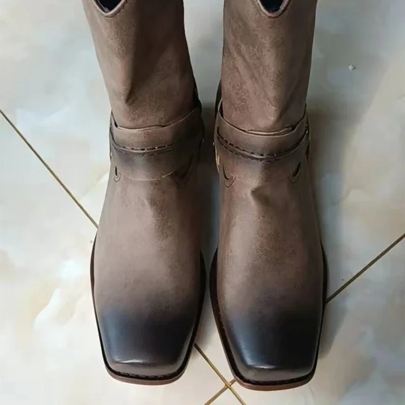 Retro Cowboy Boots Women Men Mid Calf Outdoor Men Vintage PU Shoes Man Slip on Winter Gladiator Booties Unisex Chelsea Boots Men - 3