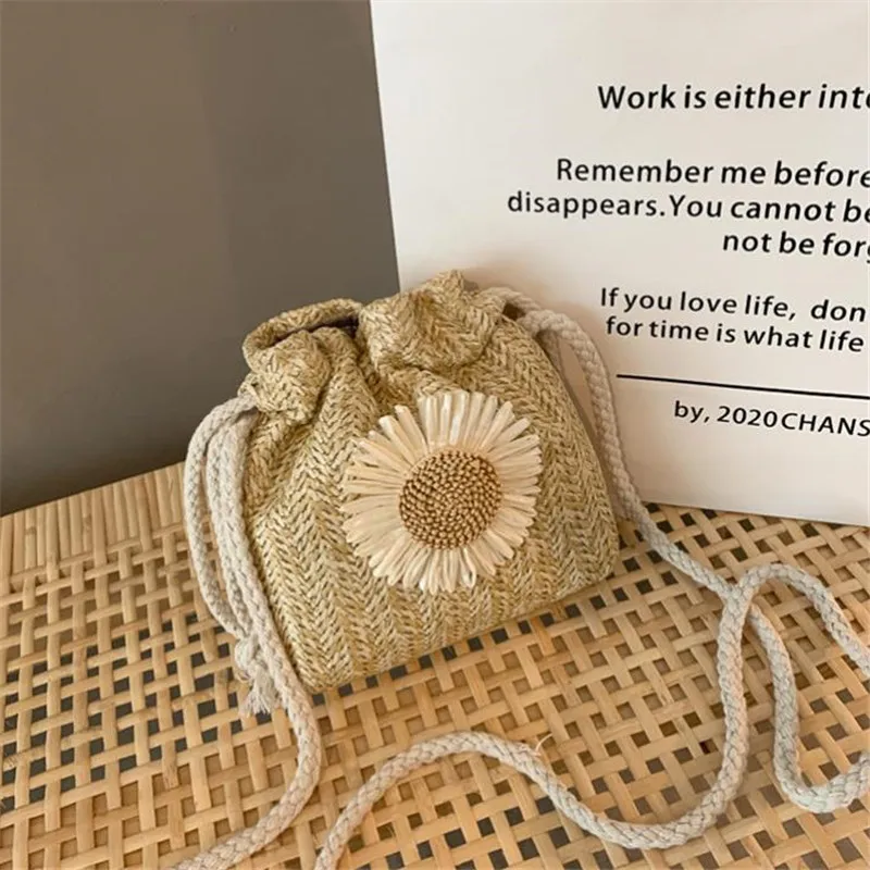 Woven Straw Mini Messenger Bag for Women Drawstring Closure Summer Cute Bucket Bag with Flower Crossbody Bag, Phone Wallet Pouch 2