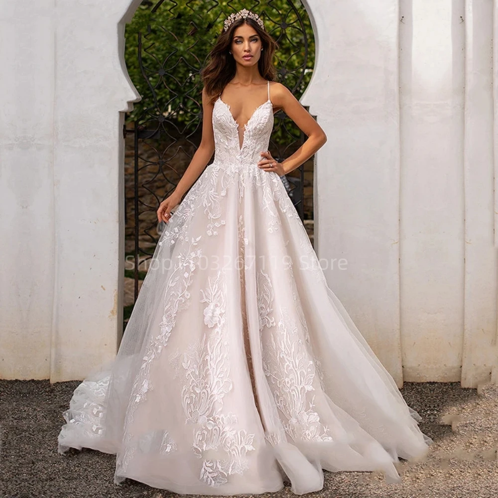 

Романтичное Тюлевое свадебное платье принцессы на бретелях-спагетти для невесты с V-образным вырезом и аппликацией на спине кружевные платья невесты Vestido De Noiva