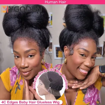 4C kinky Edges Kinky Straight Invisible Drawstring 360 Full HD Lace Front Wig Yaki Straight Glueless Wigs Human Hair Frontal Wig 1