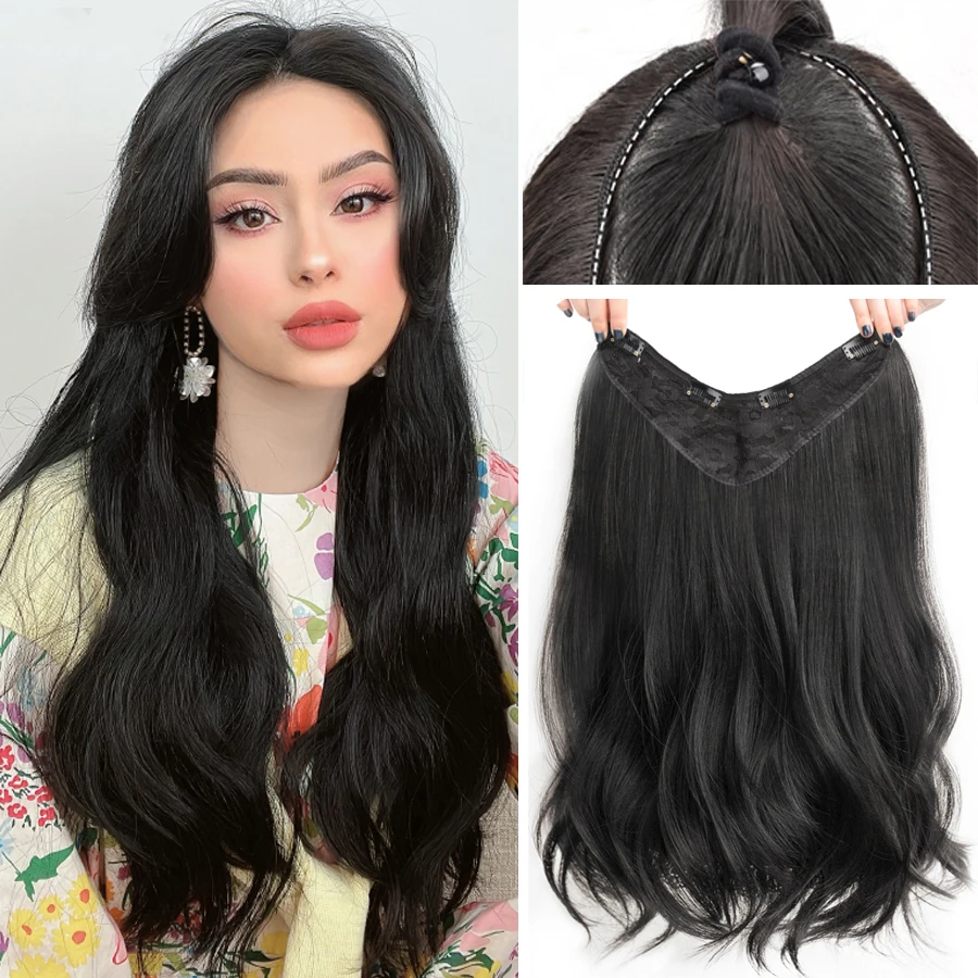 Women's V-shaped Micro-curly Long Hair Extension Synthetic Wig One-piece Hair Extension Piece Fluffy Top Increase Hair Volume