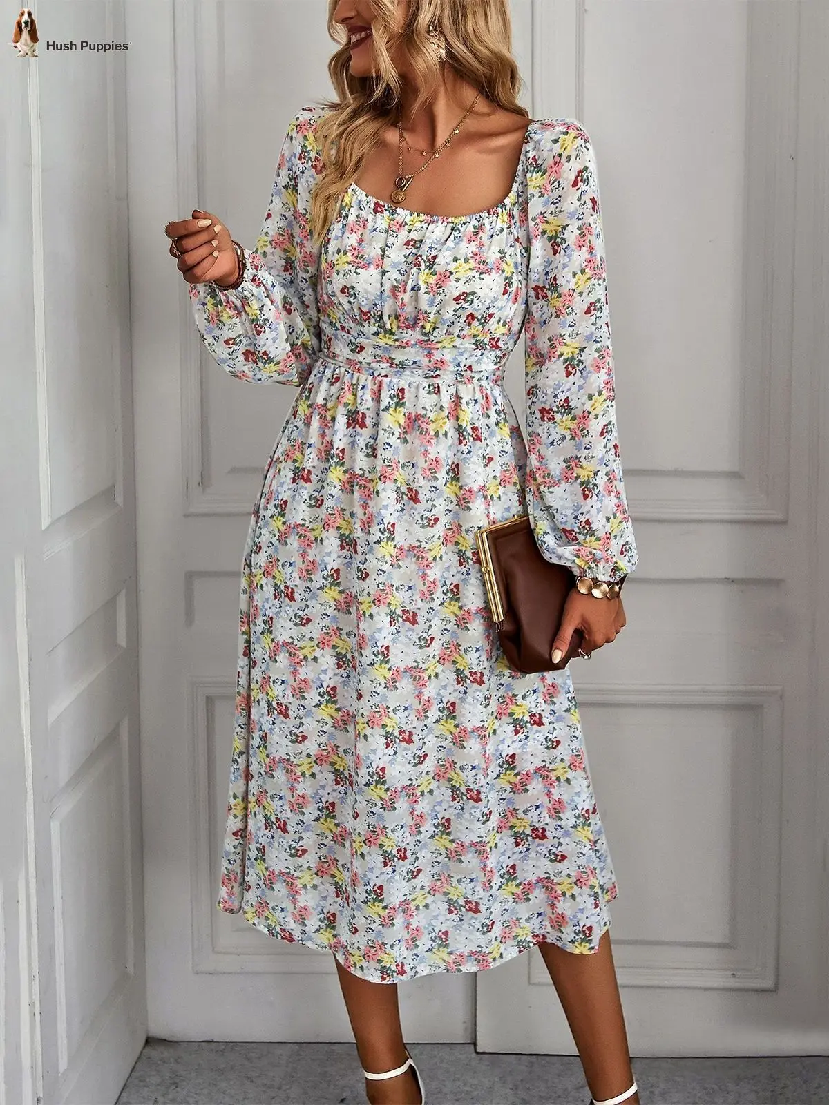 

Hush Puppies Bohemia Floral Print Full Sleeve Women Dress Casual Square Collar Dress Women Vintage Sundress Fashion Outfits