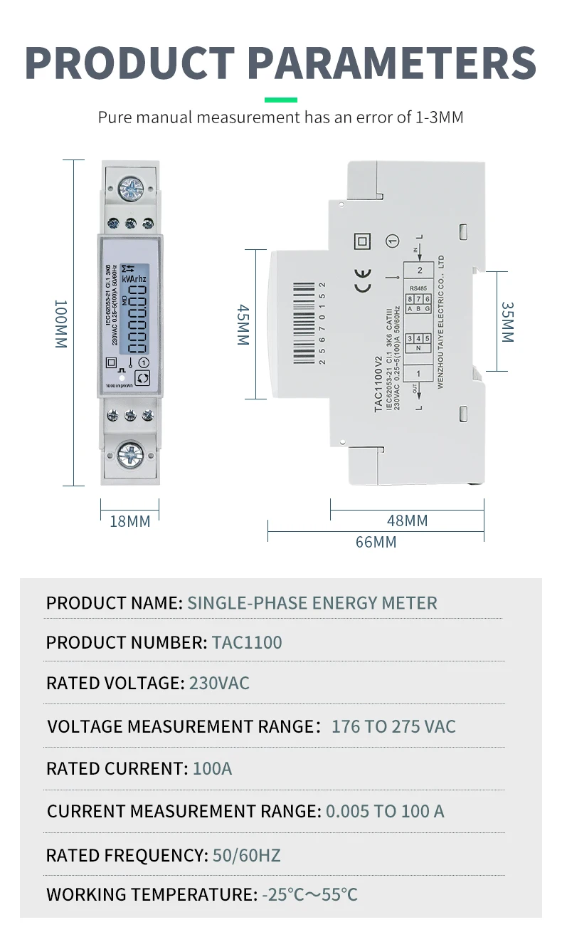 DIN-Schienen-Energieverbrauch Multifunktions-Wattstundenzähler 100 A RS485 MODBUS RTU 230 V SDM120 V A PF Hz – Detail 4