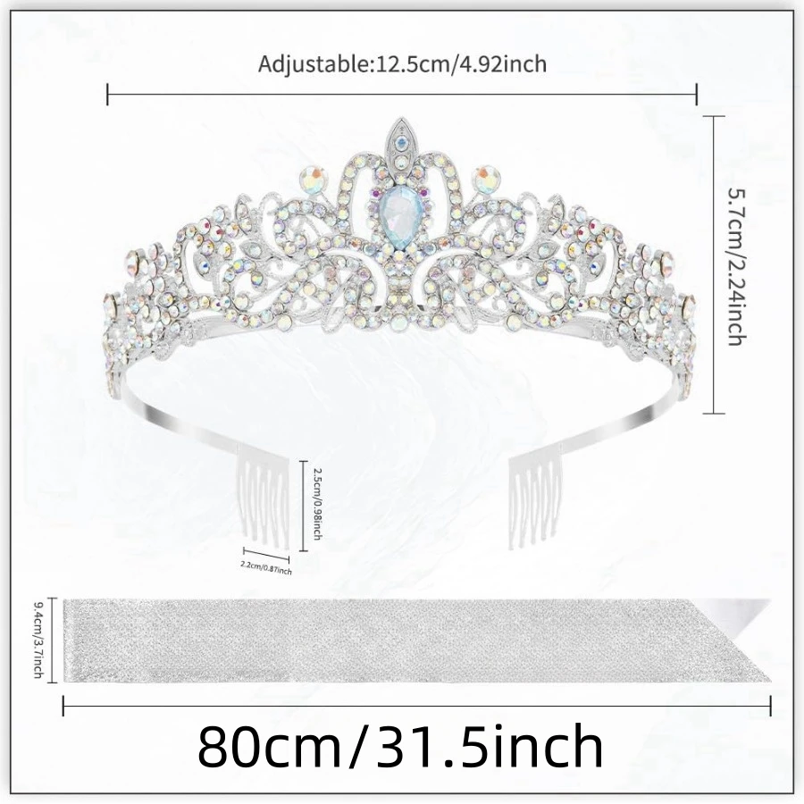 2-teiliges Set Glitzernde Strass-Kristall-Krone Tiara Geburtstags-Prinzessinnen-Schärpe Krone für Frauen Mädchen Geburtstagsparty Dekorations-Set – Detail 13