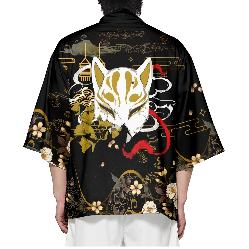 Fox Mask Print Fashion Beach Shirts Traditional Japanese Haori Cardigan Tops Plus Size 4XL 5XL 6XL