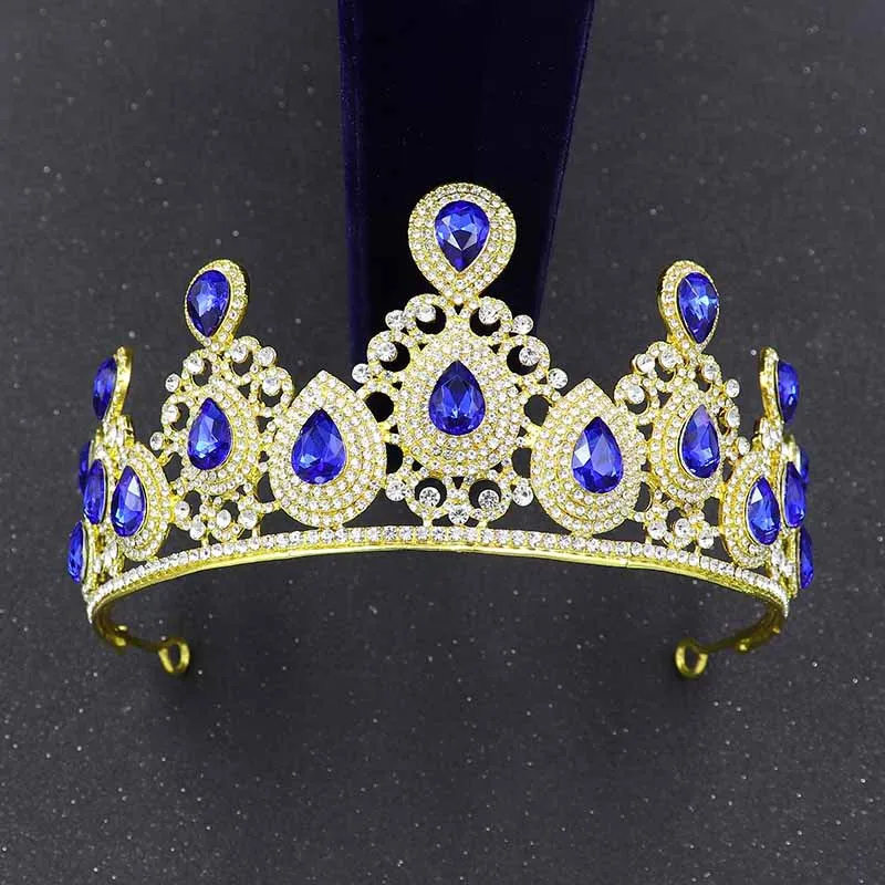 Baroque Vintage Blue Crystal Bridal Tiaras Wedding Women Crown Royal Queen Rhinestone Pageant Diadem Indian Hair Accessories