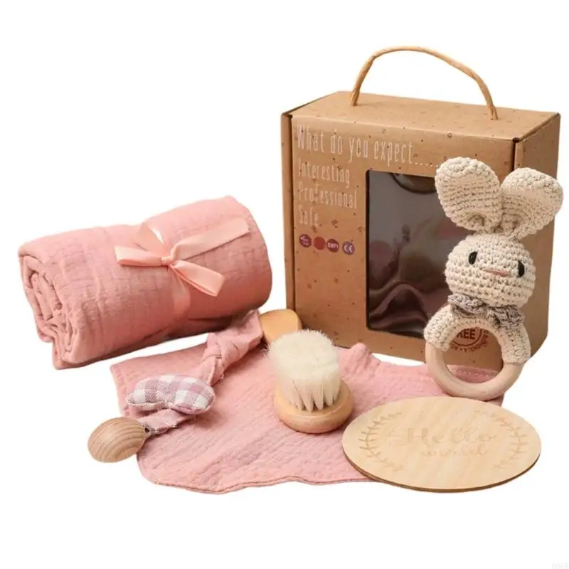 Baby Gift Box Set for Boys Girls Includes Wrap Blanket Rattle Pacifier Clip Chain Brush and Wooden Round Board