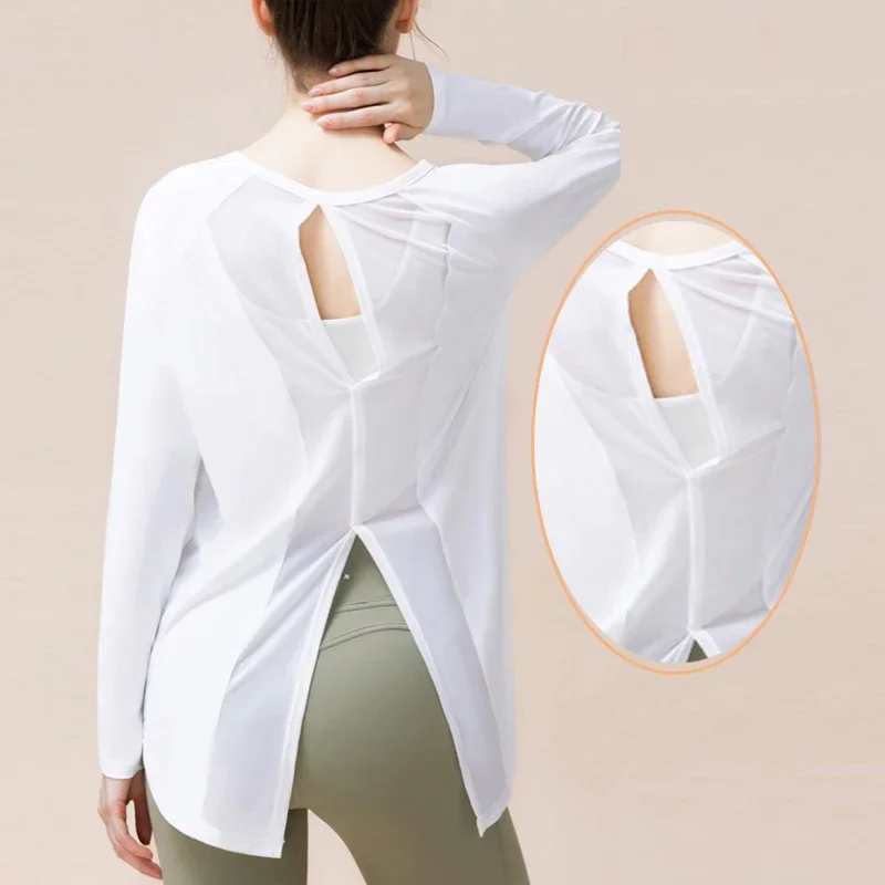 Aiithuug Loose Fit Casual Shirts Soft Mesh Split Back Yoga Long Sleeve Casual Tops Relaxed Shirts Workout UV Quick Dry
