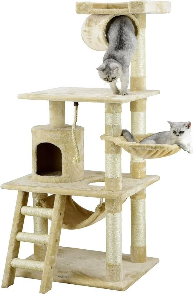 

Go Pet Club Classic Cat Tree, Cat Tower Faux Fur Finish, Sisal Rope Scratcher, 62"H, Beige Cat Toys