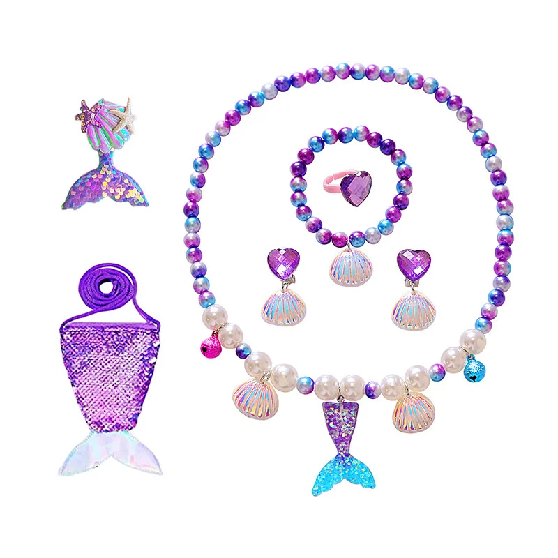 Mermaid Tail Beads Necklace Set for Baby Girls Crown Earrings Hairpin Accessories Jewelry Kids Birthday Party Decorations Gifts