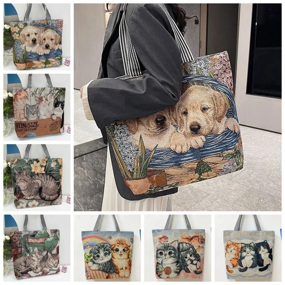 

Dog Ethnic Style Handbag Trendy Large Capacity Embroidery Cute Cat Cloth Bag Canvas Storage Bag Animal Shoulder Bag Outdoor