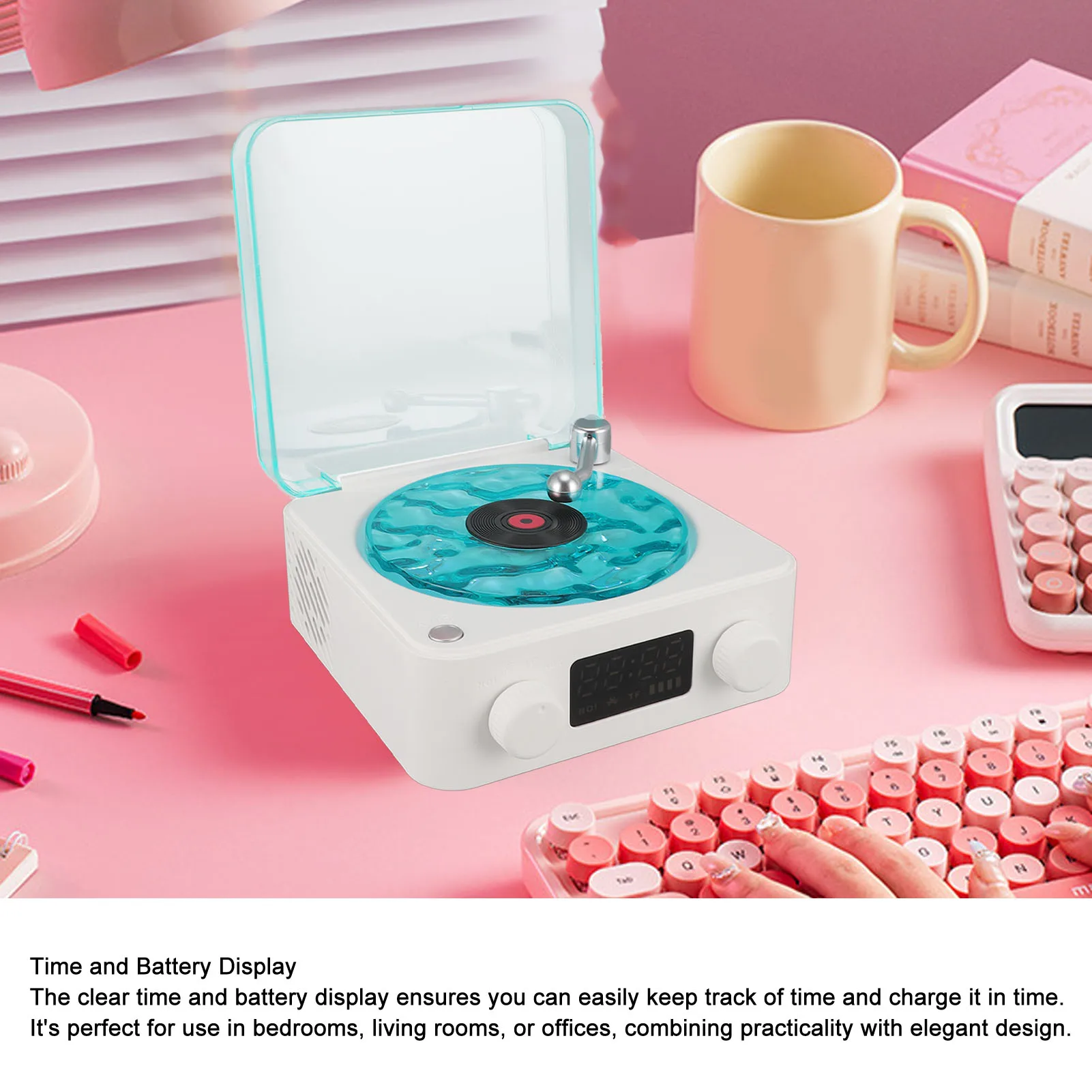 Record Player Style Bluetooth Speaker with Night Light and Time Display 3 in 1 Multifunction Small Stereo Wireless Speaker