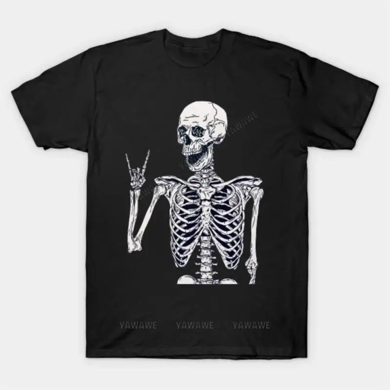 

Brand man tee shirt black tshirts for mens Rock On Skeleton T Shirt unisex cotton summer short sleeve fashion man tee-shirt