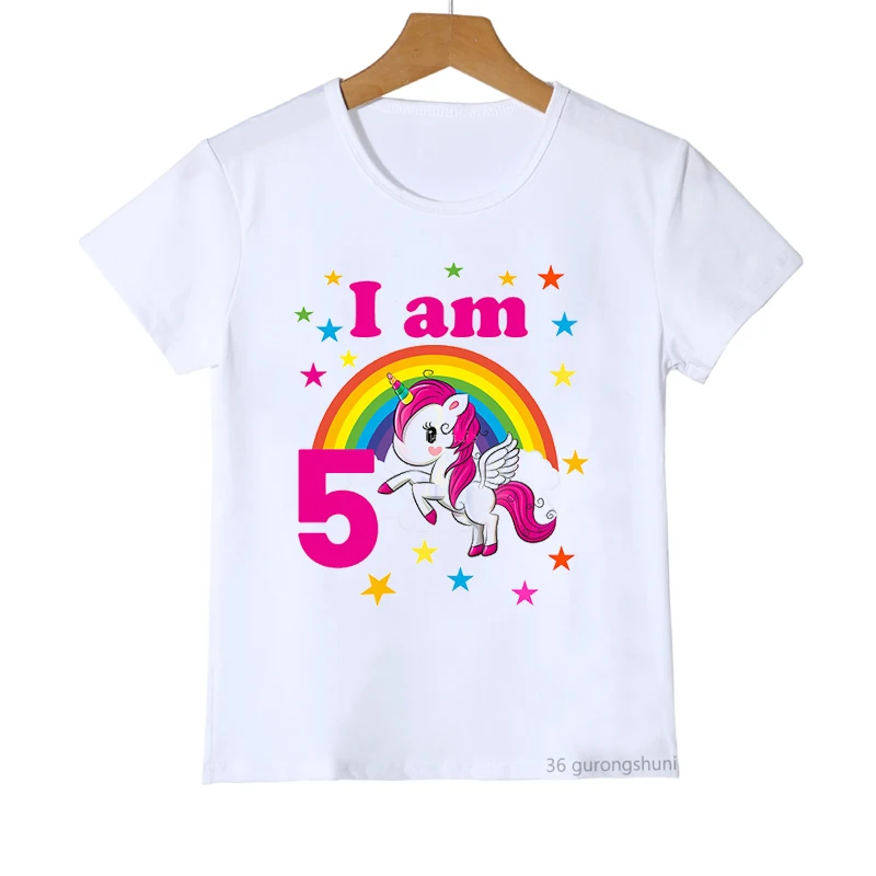 1-8th Rainbow Unicorn Birthday Number Print Girls T-Shirt Cute Kids Tshirt For Kids Birthday Party Clothing Baby T Shirt Tops 4