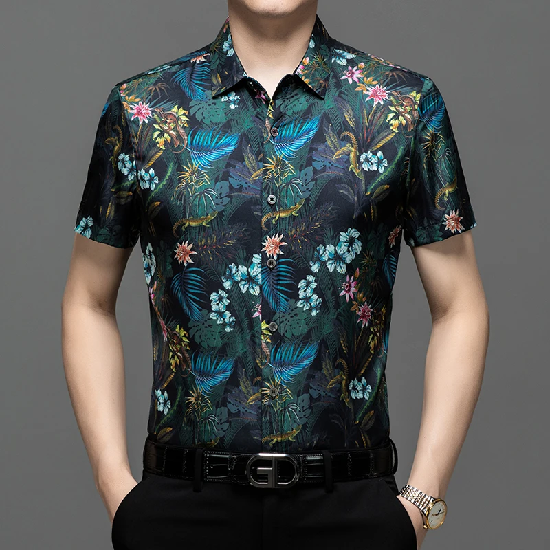Mulberry Silk Blend Premium Shirts For Men Short Sleeved Casual Summer Quality Smooth Comfortable Floral Print Camisas De Hombre 4
