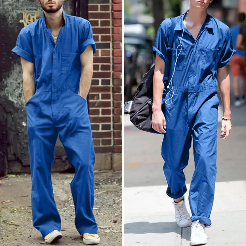 

Men Jumpsuit Washable Cargo Pants Solid Color Attractive Single-breasted Men Jumpsuit Pants for Male
