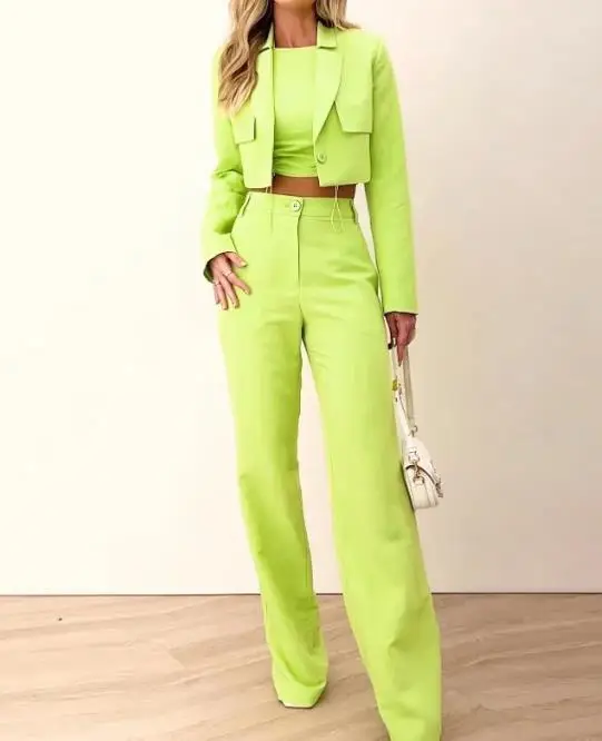 

Women's Pants Set 2023 Autumn Loose Fitting Solid Color Long Sleeved Blazer Short Coat Pockets Design Pants Two-piece Set