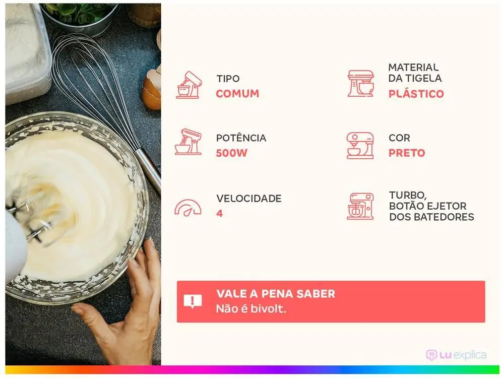 Batedeira Britânia Preta 500W 4 Velocidades 4,3L Pérola 550 - 220V 2