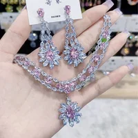 Women's Fashion Luxury Zirconia Crystal Pink Necklace Earrings Set Bracelet Jewelry Set Bridal Wedding Banquet Party Holiday 5