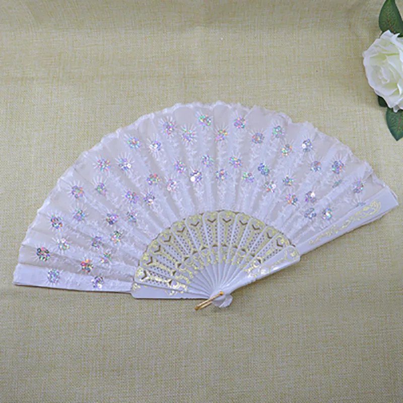 Chinese Style Folding Plastic Bone Hand Fan with Sequins, Portable Dance Fan, Photo Props, Wedding Party Decor, Women