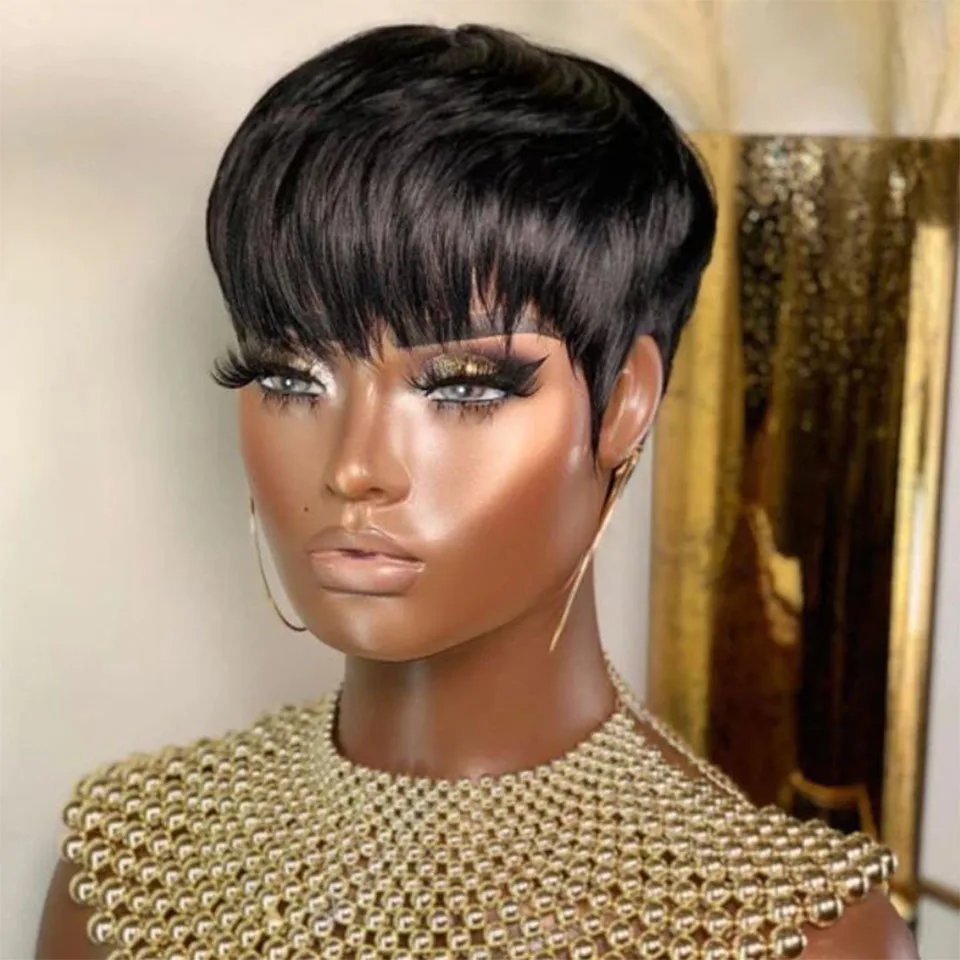 

Short Pixie Cut Wigs Full Machine Made Wig With Bangs Dovetail Straight Glueless Remy Human Hair Mullet Wigs For Women