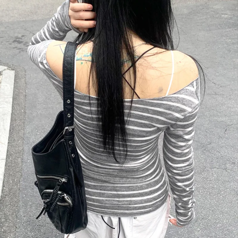 Lamuusaa Grunge Top y2k Clothes Women Cybercore Striped Off Shoulder Long Sleeve T Shirt 2000s Gothic Clothing Fall Streetwear 5