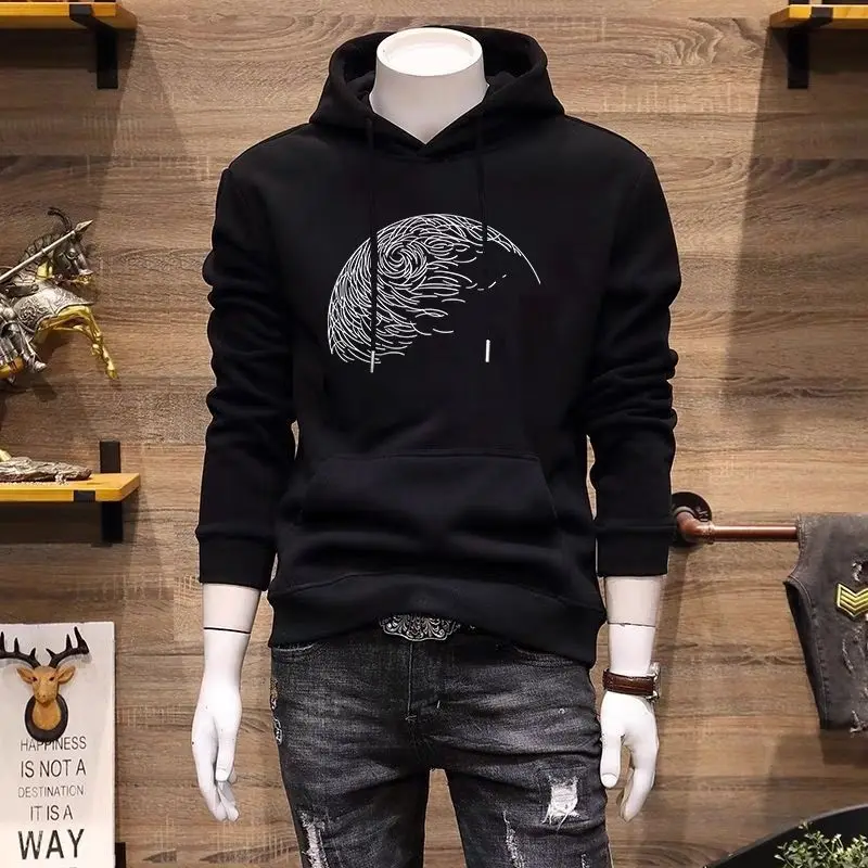 Fashion Printed Pockets Lace Up Hoodies Sweatshirts Men's Clothing 2024 Spring New Loose Casual Tops All-match Sweatshirts