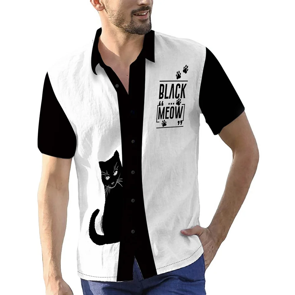 Black Meow Digital Print Color Block Men's Shirt Short Sleeve Button Down Summer Shirts Resort Vacation Holiday Male Leisurewear