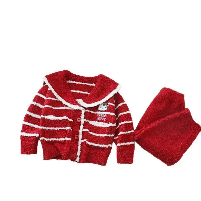 여아용 반벨벳 잠옷 가을/겨울 2025 신상 여아용 스트라이프 가디건 투피스 세트 두꺼운 아동용 홈웨어 용