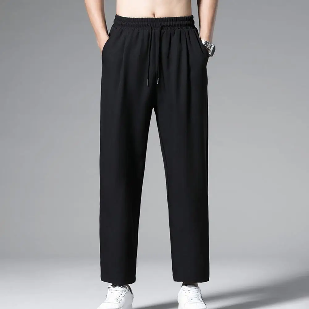 Men's Casual Ankle-Length Pants Solid Color Straight Wide-Leg Trousers Elastic Waist Ice Silk Breathable Quick-Dry Baggy Cargo S
