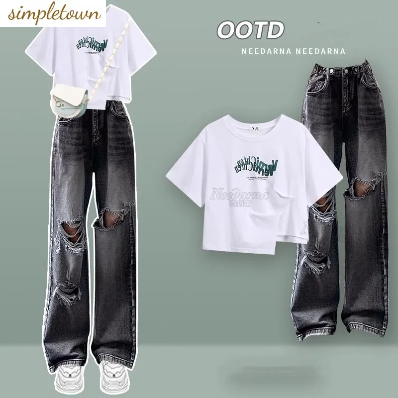 Fashion Women's Set 2024 Spring/Summer Korean Edition Printed Round Neck Top Casual Age Reducing Jeans Two Piece Set