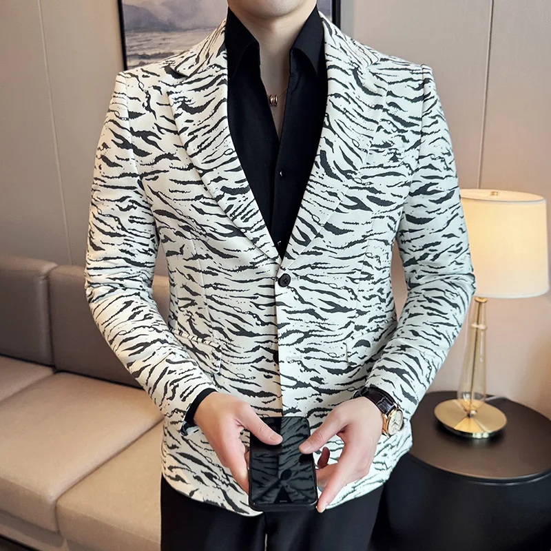 Fashion Leopard Print Design Blazers Coat Men Slim Fit Casual Business Suit Jackets High Quality Social Party Blazers Dress