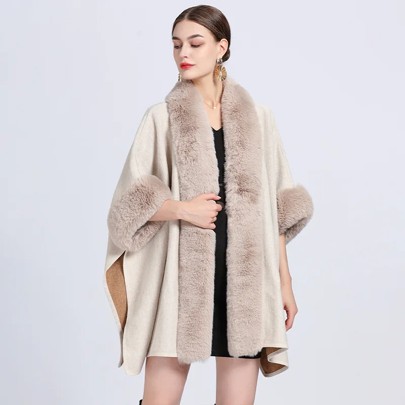 

Women Long Faux Rabbit Fur Collar Loose Cape Woolen Overcoat Winter Thick Warm Batwing Sleeves Outer Wear Poncho Cloak Topcoat