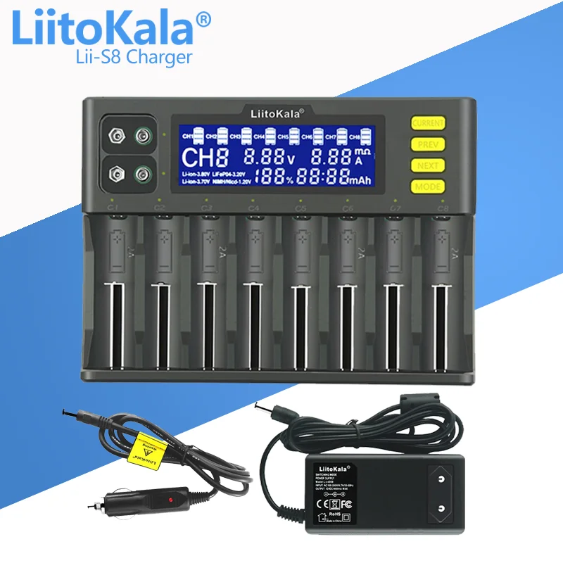 Battery Charger LiitoKala Lii-S8 Lii-S12 LCD For Li-ion LiFePO4 Ni-MH Ni-Cd 9V 21700 20700 26650 18350 18650 RCR123 18700