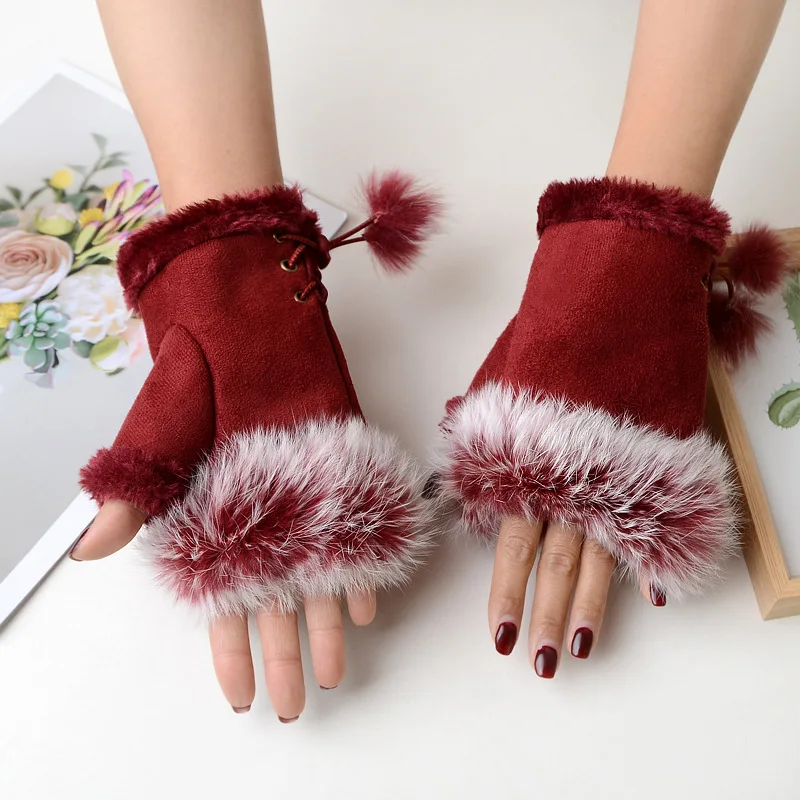 

Women Winter Gloves Half-finger Faux Suede Gloves Thicken Warmer Fingerless Gloves Accessories Warmth Rabbit Half-finger Gloves