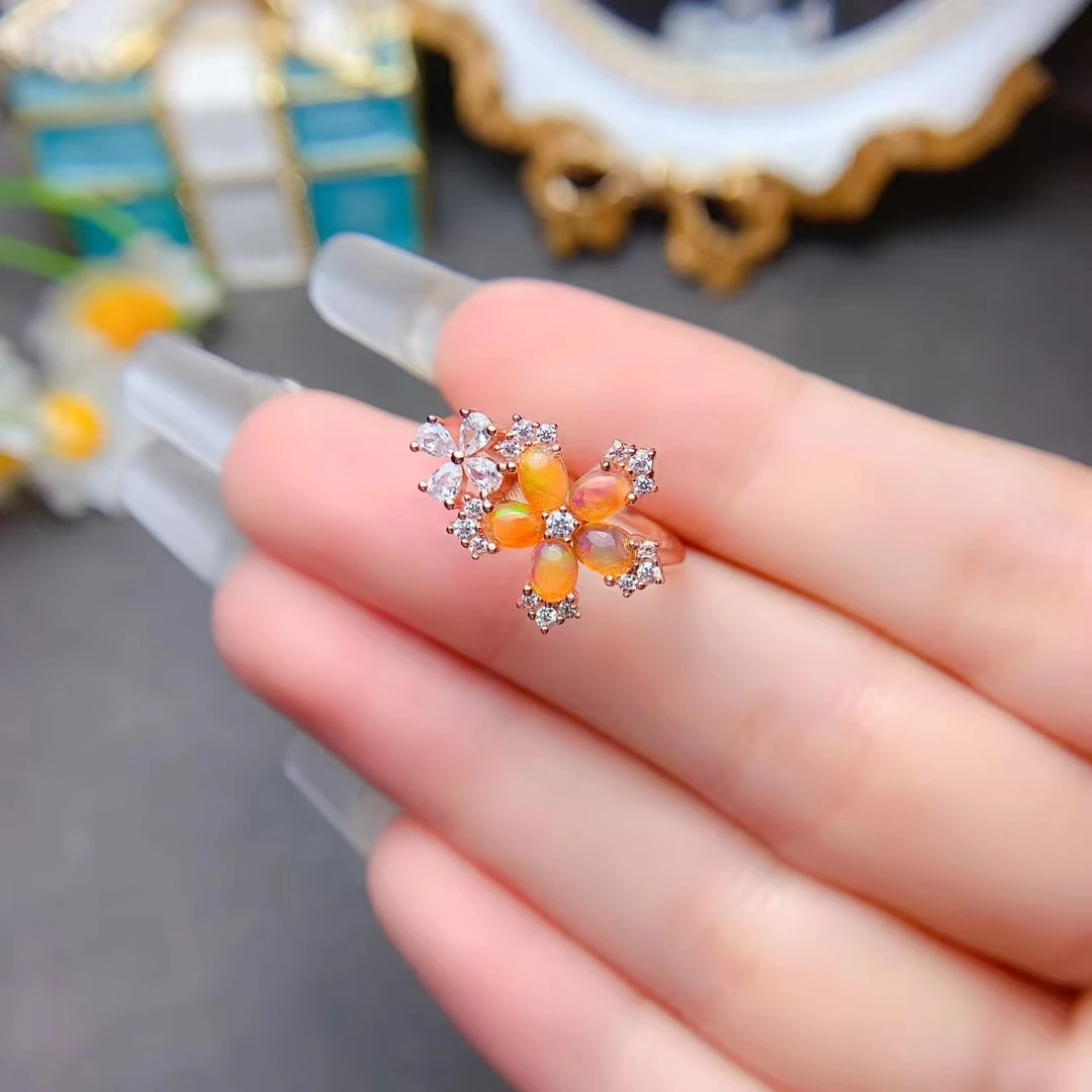 MeiBaPJ 3mm*5mm Natural Fire Opal Gemstone Fashion Colorful Ring for Women Real 925 Sterling Silver Charm Fine Wedding Jewelry