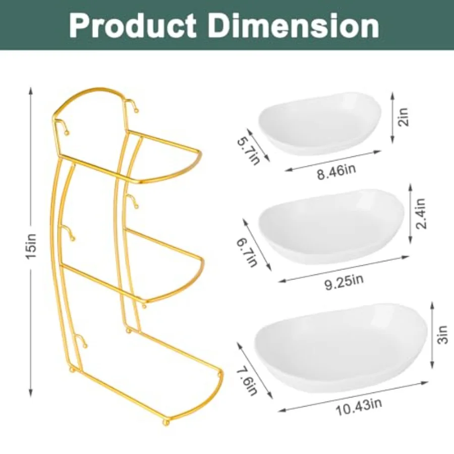3 Tier Fruit Bowls for Kitchen Counter White Ceramic Serving Bowls with Gold Metal Stand Tiered Fruit Basket Display Rack for F