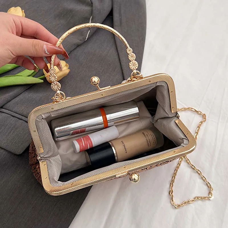 Pearl Chain Top Handle Sequins Clutch Handbag for Women Fashion Lady Glitter Wedding Evening Party Messenger Purse Shoulder Bag