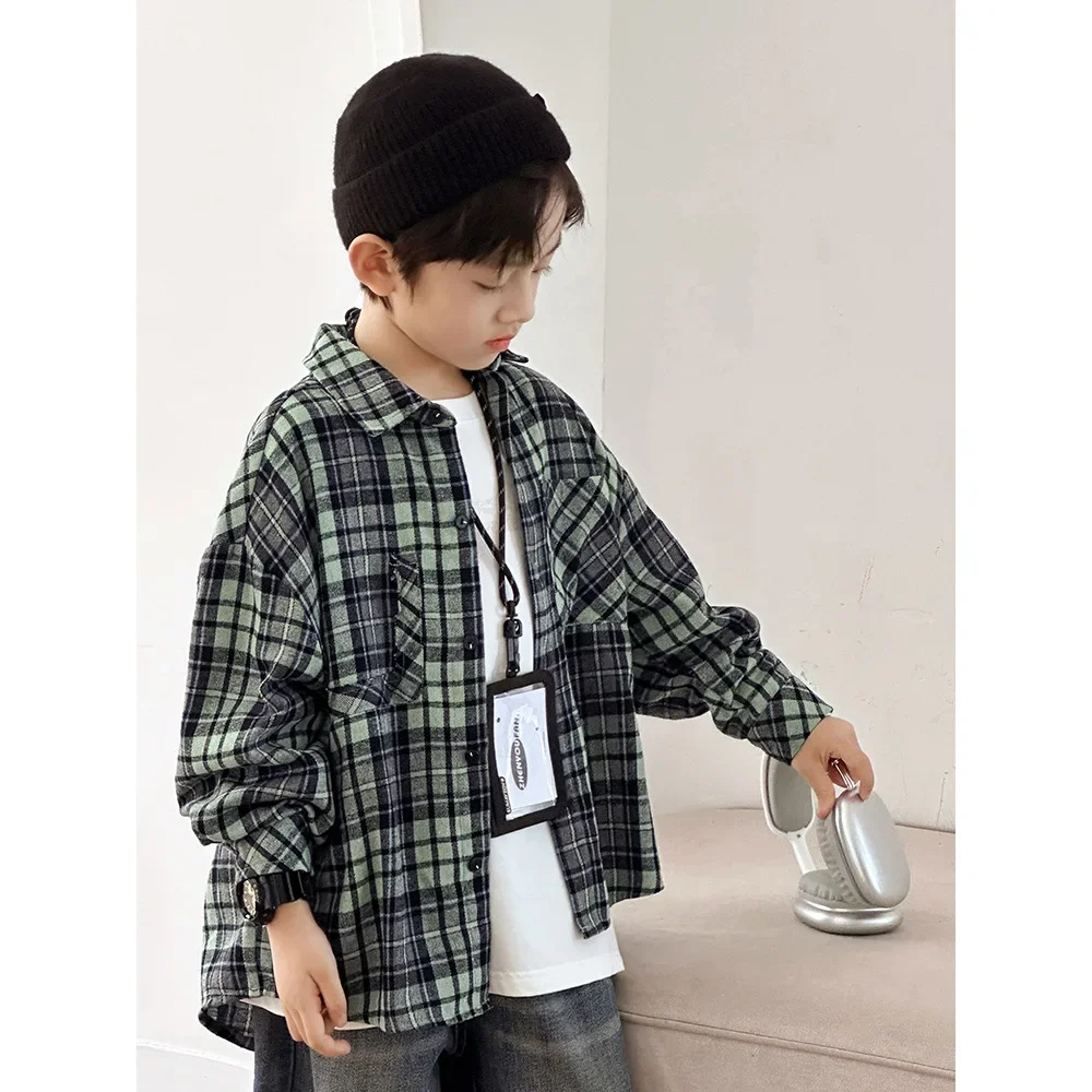 Trendy Plaid Long Sleeve Shirt for Boys Children's Clothing Spring Autumn Middle Large Children Boy's Shirt