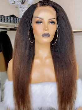 Natural Hairline 200 Density Ombre Brown Yaki Human Hair Kinky Straight Lace Front Wig for Women Baby Hair Pre Plucked Glueless 1