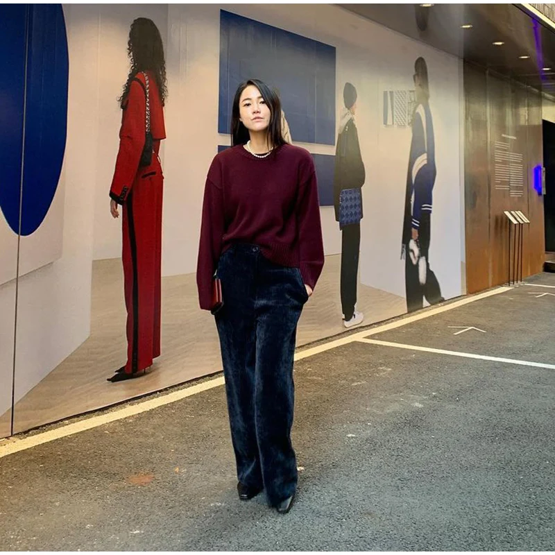 Casual Knitted O-neck Sweaters Women Retro Loose Solid Pullover Sweater Female Autumn Chic Elegant Street All-matching Tops