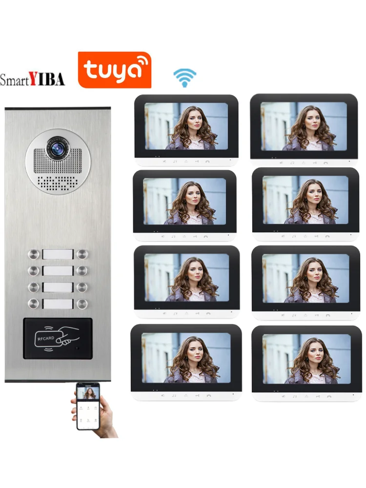 

SmartYIBA WIFI Apartment Video Intercom For 2-12 Units Tuya App Remote Video Door Phone RFID Unlock Doorbell IR Camera System