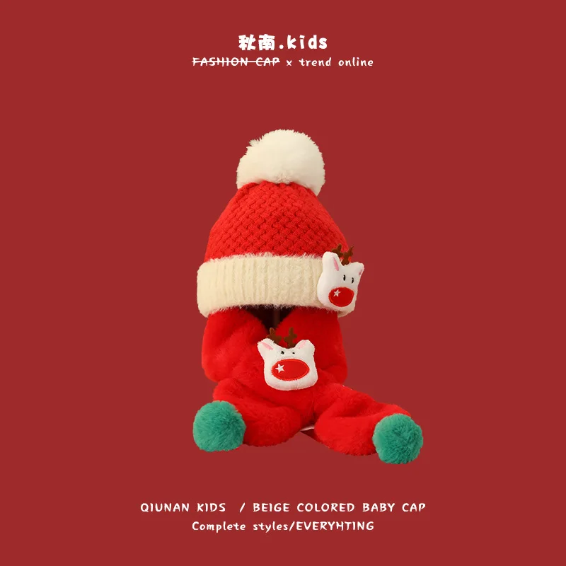 2-8Years Children's Hat Winter New Red New Year Warm Christmas Scarfs Hat Set Girls Boys Warm Baby Scarves