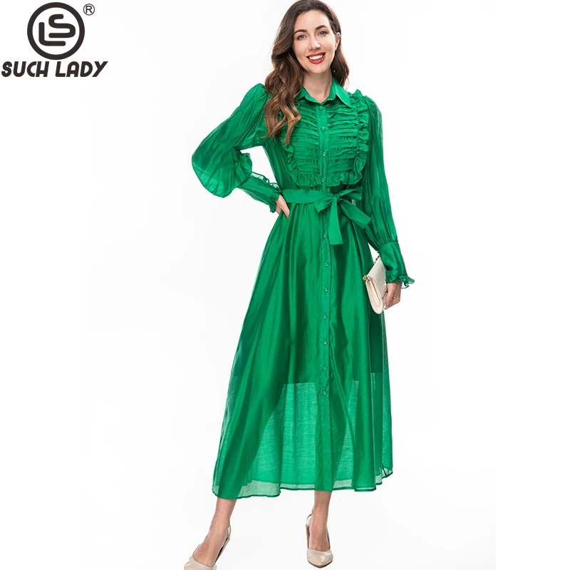 

Women's Runway Dresses Turn Down Collar Long Sleeves Ruffles Fashion A Line Designer Vestidos